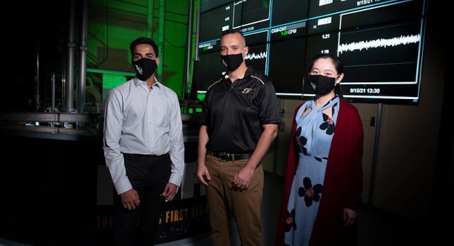 The project is led by Hany Abdel-Khalik (center) with Yeni Li, a nuclear engineering postdoctoral associate (right) leading the anomaly detection work and third-year nuclear engineering Ph.D. student, Arvind Sundaram, the covert cognizance algorithms implementation.