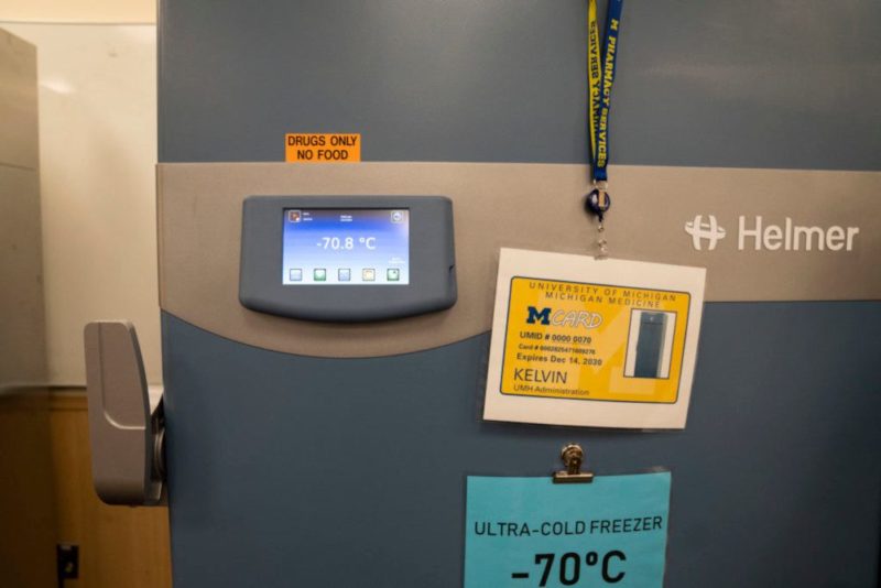 Low-temperature freezers like this one at University of Michigan Hospital in Ann Arbor, Michigan, are used to keep vaccines and other medicines super-cold.