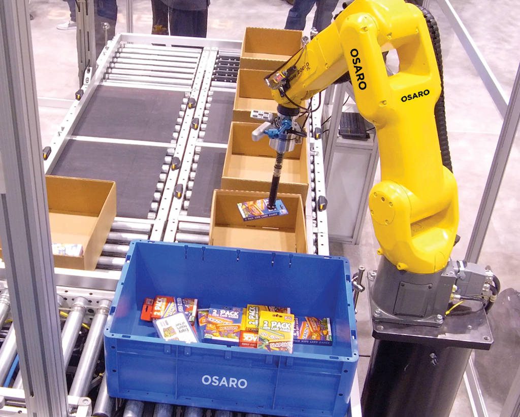 A robot powered by OSARO’s machine learning system picks consumer goods. Courtesy: A3/OSARO