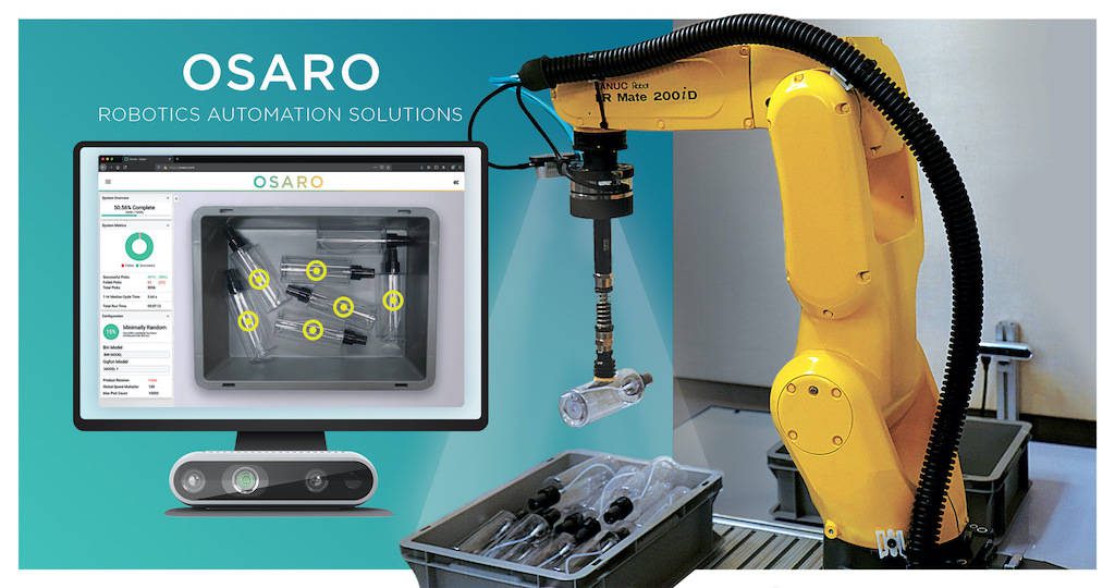 OSARO’s machine learning software, with grasp points displayed and a robot arm picking clear plastic pieces. Courtesy: A3/OSARO