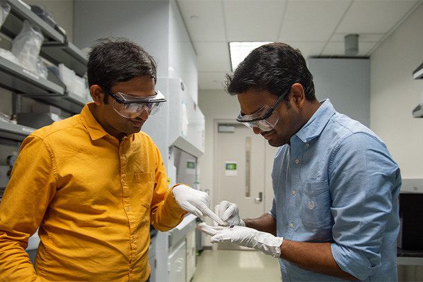 Saptarshi Das, left, Penn State associate professor of engineering, science and mechanics, and Akhil Dodda, a Penn State engineering science and mechanics doctoral student, published a paper in Nature Communications on a security method for handheld devices that won't drain the battery.